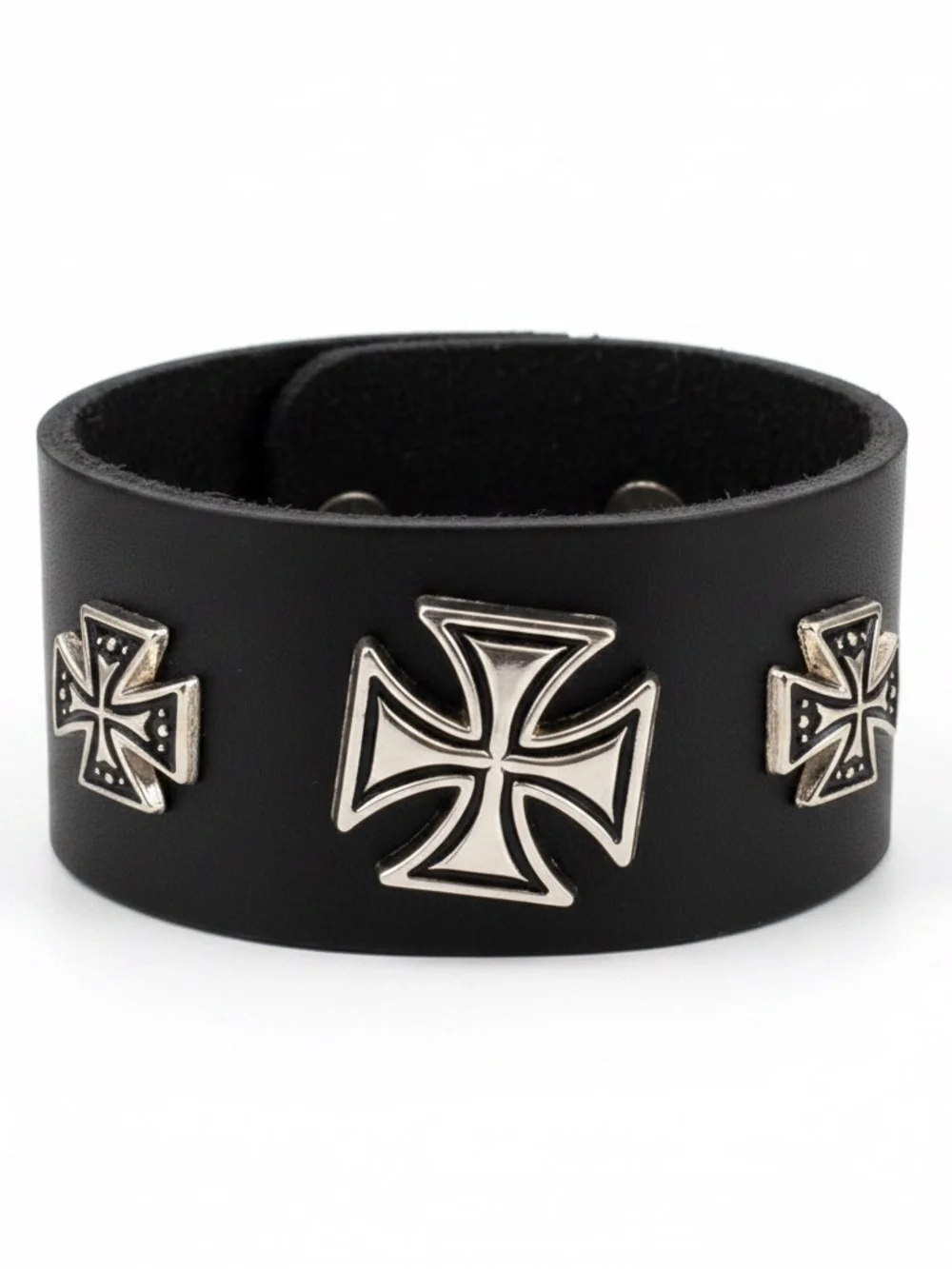 Black leather cuff bracelet featuring three silver-toned Cross